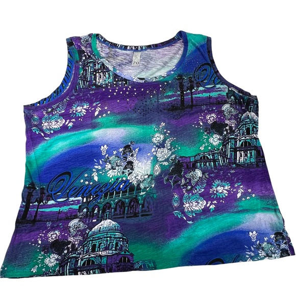Thomas & Olivia Tops - Thomas & Olivia T/O Purple Teal Rhinestone Bling Tank Top Graphic Print Blouse